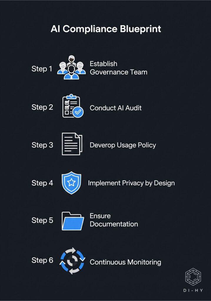 An infographic outlining the 6 steps of an AI compliance blueprint: Establish Governance Team, Conduct AI Audit, Develop Usage Policy, Implement Privacy by Design, Ensure Documentation, and Continuous Monitoring.