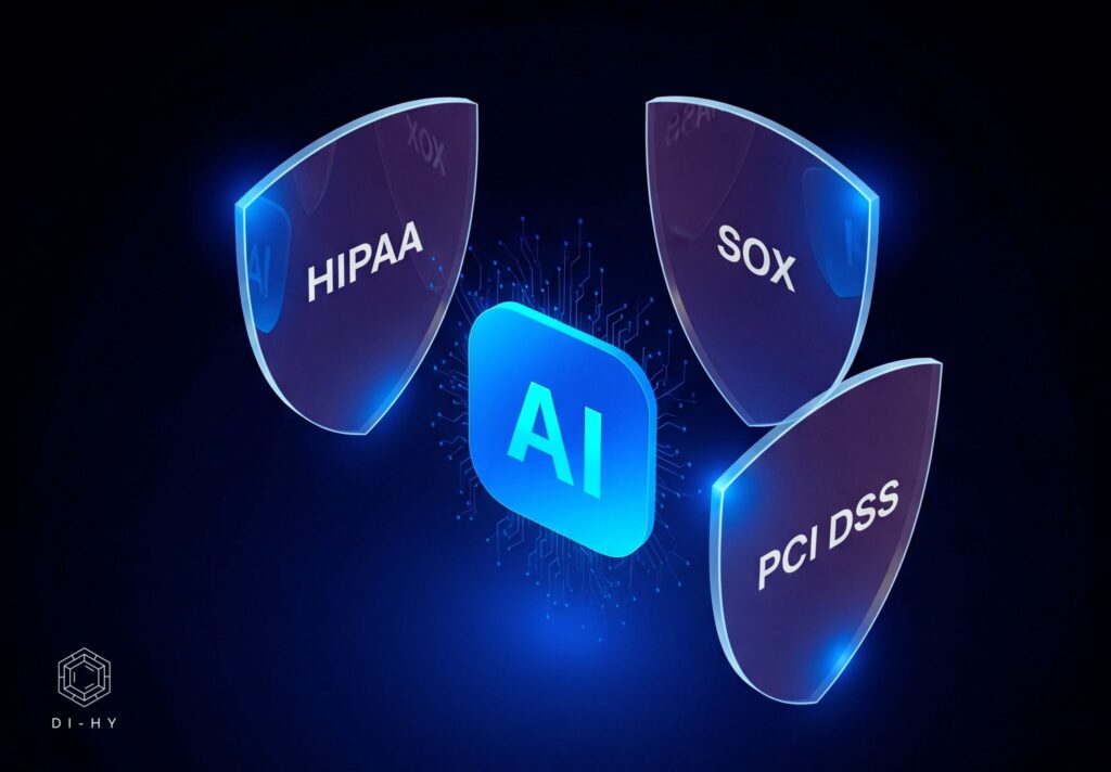 An infographic symbolizing AI compliance, with three glowing shields labeled HIPAA, SOX, and PCI DSS protecting a central AI icon from risk