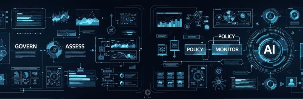 A header image of a glowing digital blueprint showing complex flowcharts and diagrams for creating a trustworthy AI governance and compliance program.