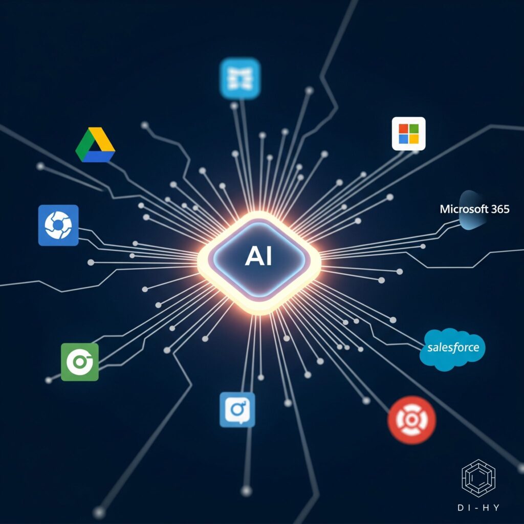 An abstract digital image showing a central, glowing orb representing artificial intelligence, with clean, elegant lines connecting outwards to icons of business applications, symbolizing the concept of AI data connectors
