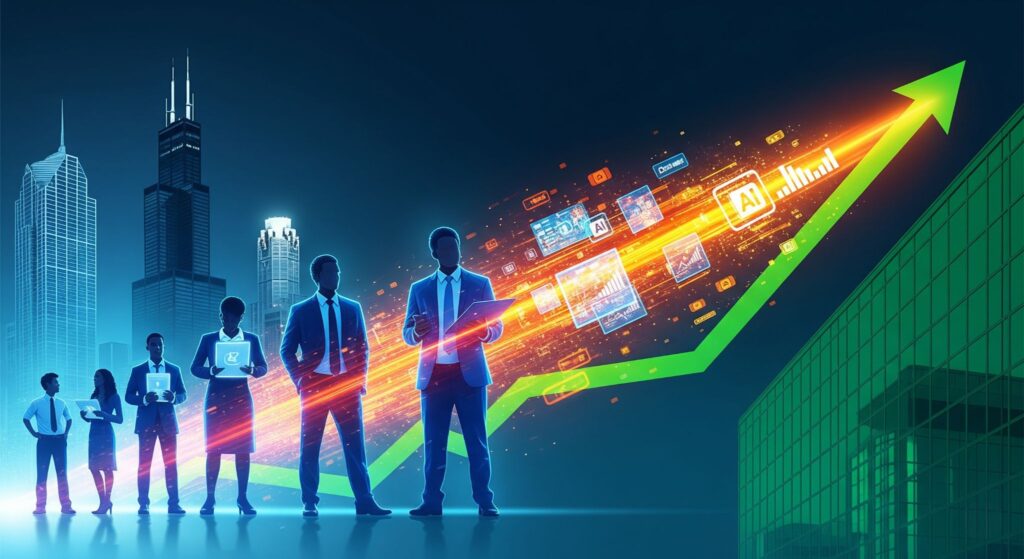 AI Sales Enablement Chicago Empower Your Team, Ignite Growth Di-Hy Digital Dynamic visual representing AI Sales Enablement: a sales team silhouette propelled by digital AI automation and insights towards success, set against a backdrop hinting at Chicago businesses.