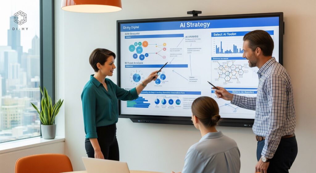Developing Your Custom AI Roadmap with Di-Hy Digital in Chicago Image of a professional AI consulting meeting in Chicago: a team reviews AI strategic concepts and data visualizations on an interactive whiteboard, highlighting Di-Hy Digital's collaborative approach.
