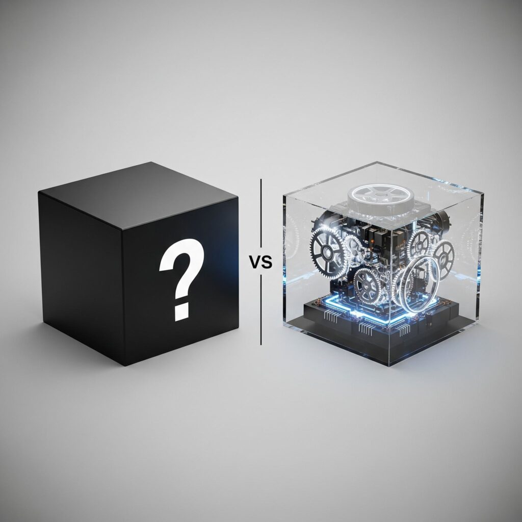A conceptual graphic explaining the difference between standard AI and Explainable AI (XAI). On the left, a solid black box with a question mark represents an unexplainable 'black box' model. On the right, a transparent glass box reveals glowing circuits inside, symbolizing the transparency and trustworthiness of XAI