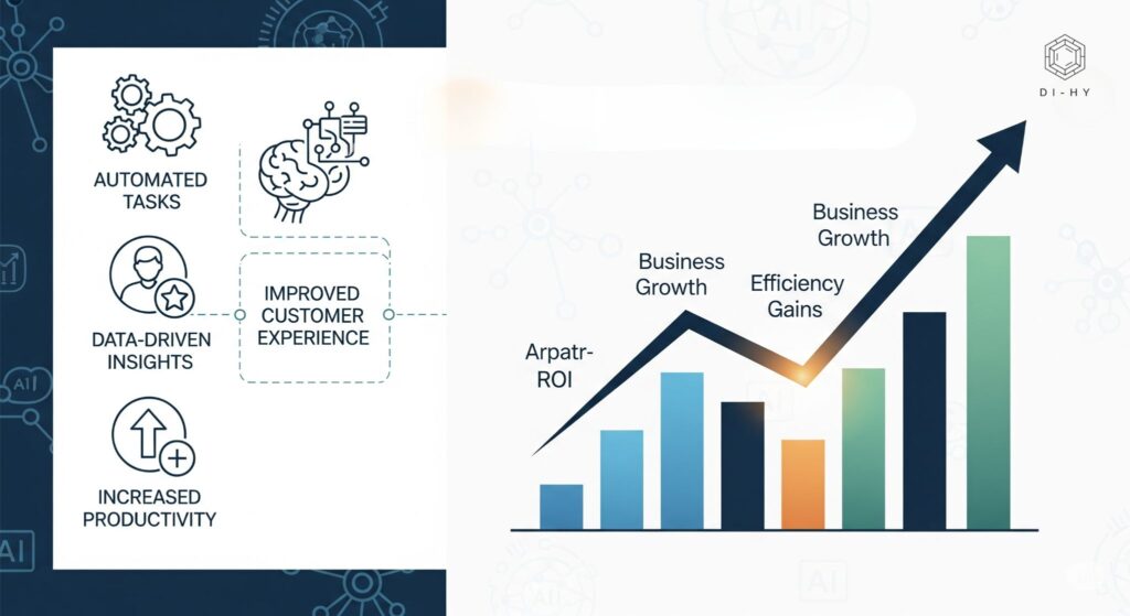 How AI Delivers Real ROI Key Benefits Visualized Infographic showcasing key AI benefits: icons for automated tasks, data-driven insights, improved customer experience, and increased productivity, all leading to an upward trending growth graph symbolizing business success.