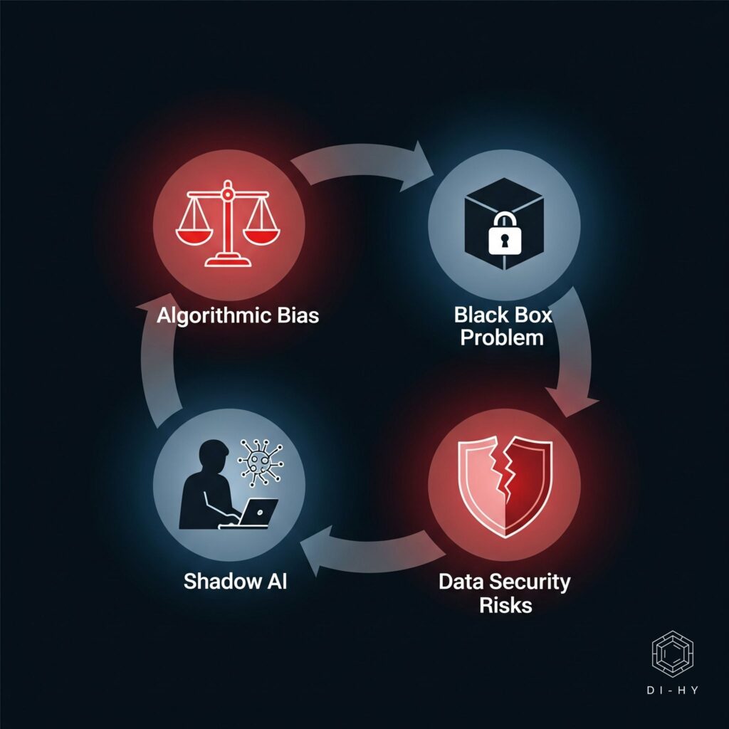 An infographic diagram from a guide to AI compliance, illustrating the four interconnected core risks: Algorithmic Bias, the Black Box Problem, Data Security, and Shadow AI, shown as a continuous cycle