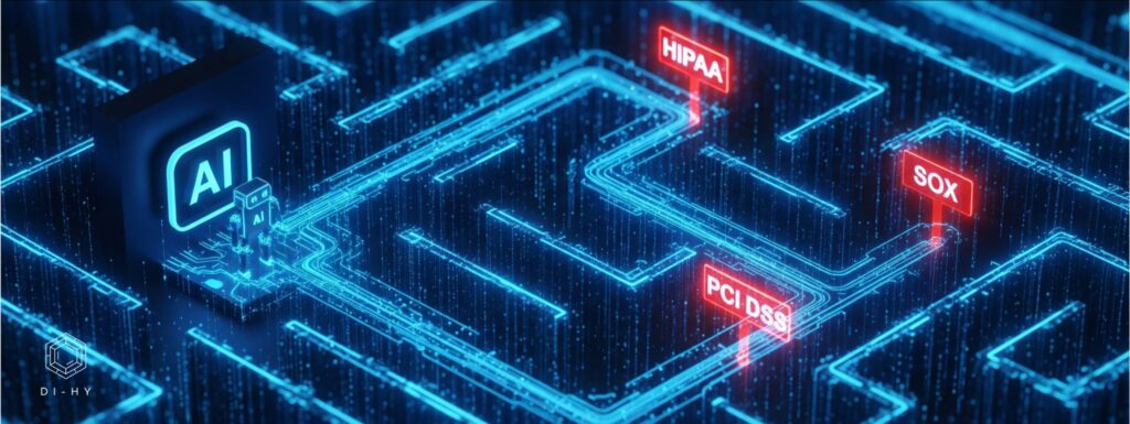 A conceptual header image showing an AI icon navigating a complex digital maze with glowing walls labeled HIPAA, SOX, and PCI DSS, representing the challenges of AI regulatory compliance