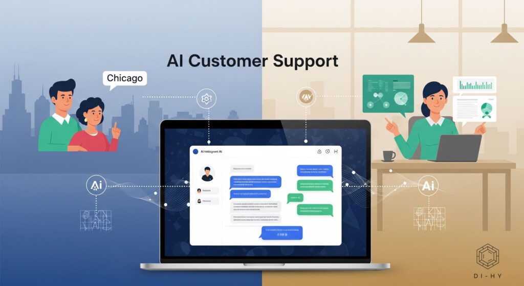 Seamless & Intelligent Customer Service with AI in Chicago Visual representation of Di-Hy Digital's AI Customer Support solutions in Chicago, showing a positive interaction between AI, a customer, and a support professional, emphasizing efficient and intelligent service.