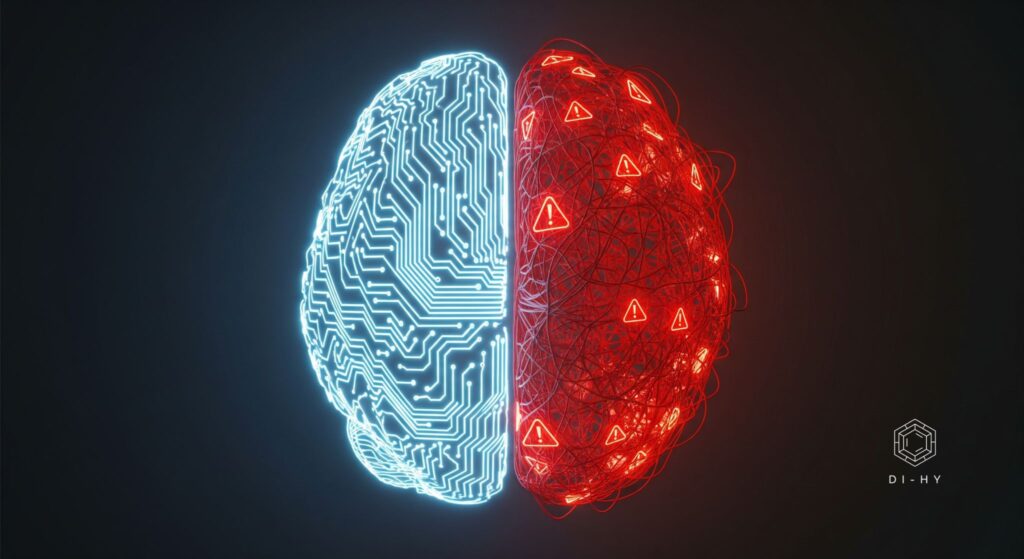 A conceptual image for an enterprise guide to AI, showing a brain with the left hemisphere made of clean, glowing blue circuits representing AI innovation and the right hemisphere made of chaotic red wires symbolizing compliance and security risks
