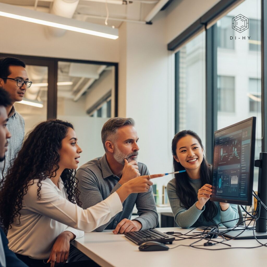 A human-centric photograph of a diverse team collaborating in a modern office. They are gathered around a large screen displaying data charts and visualizations, engaged in positive discussion and interaction with the technology.