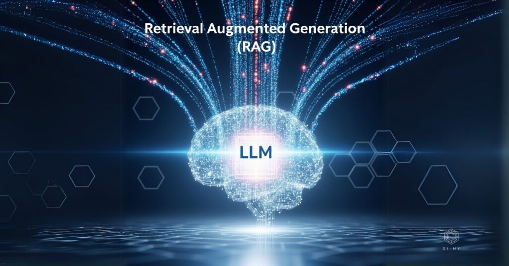 Retrieval Augmented Generation (RAG) concept: AI brain integrating external data streams to power smarter LLMs - Featured image by Di-Hy.