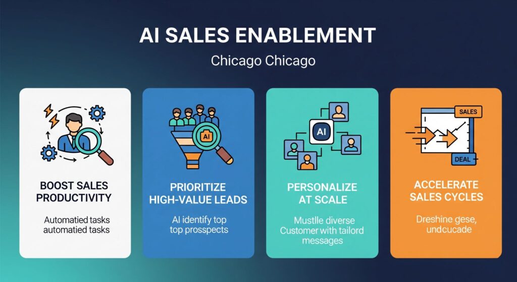 Unlock Peak Sales Performance AI Enablement Advantages Visualized Infographic illustrating the core benefits of AI Sales Enablement: an icon for boosted sales productivity, another for prioritizing high-value leads, a third for personalizing at scale, and a fourth for accelerating sales cycles.