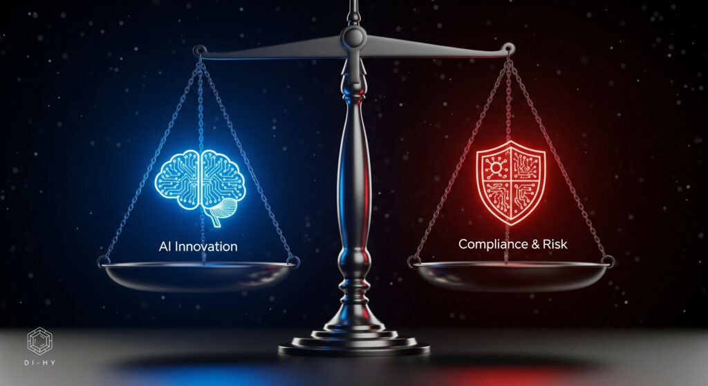 Conceptual image for a guide on AI governance, showing a futuristic set of scales perfectly balancing a blue brain icon for 'AI Innovation' against a red shield icon for 'Compliance & Risk'