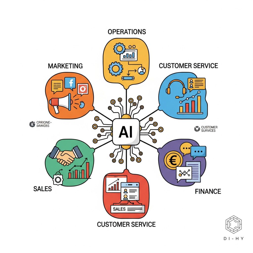 ai-integration-marketing-operations-finance Diagram illustrating AI integration across various business departments: marketing, operations, sales, customer service, and finance. Central AI network connecting key functional areas.