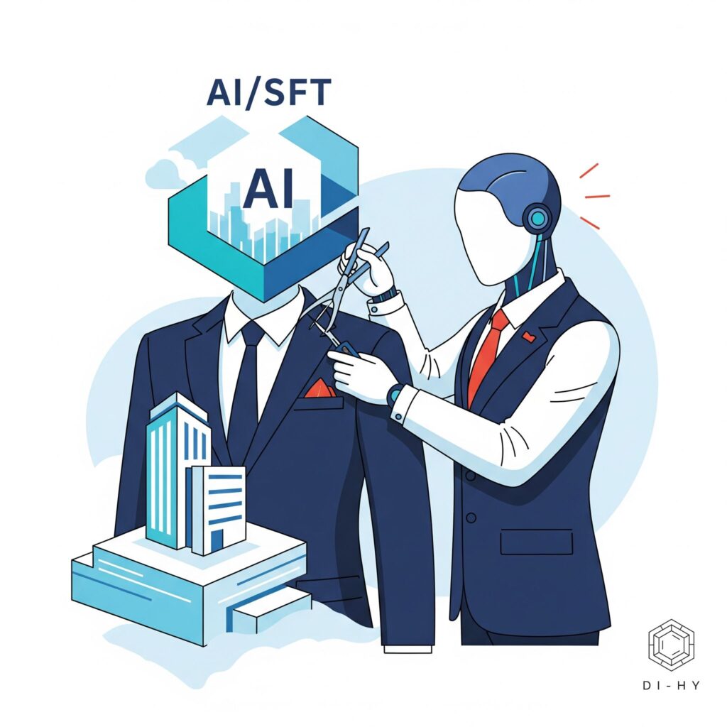ai-sft-tailoring-business-solutions Conceptual image of Supervised Fine-Tuning (SFT) providing bespoke AI solutions for businesses, much like a tailor creates a custom suit. Represents precision and personalization in AI implementation.