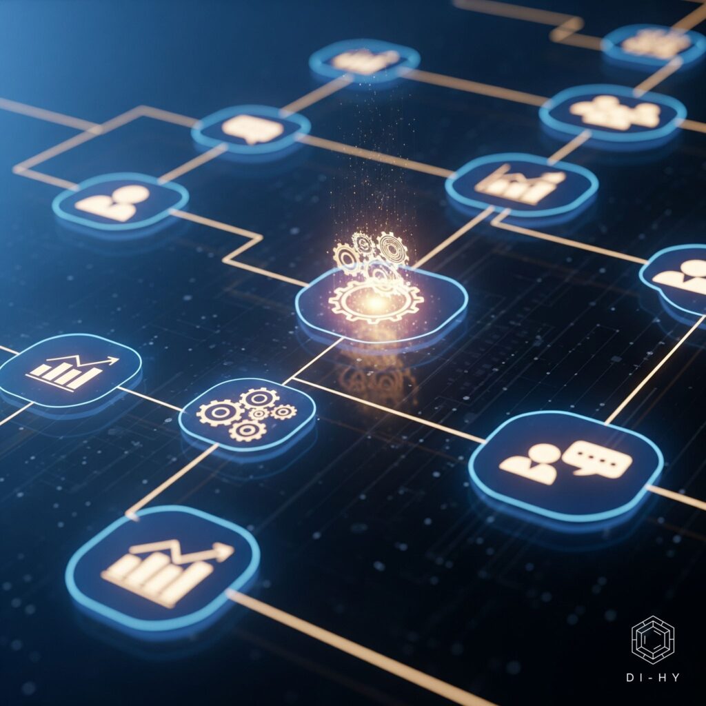 Abstract digital representation of AI customization through Supervised Fine-Tuning (SFT), illustrating interconnected nodes representing business functions like operations, growth, and customer interaction. Chicago AI Implementation.